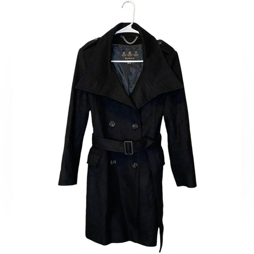 Barbour Madge Black Coat Wool and Cashmere Blend Size 4 Jacket With Belt
